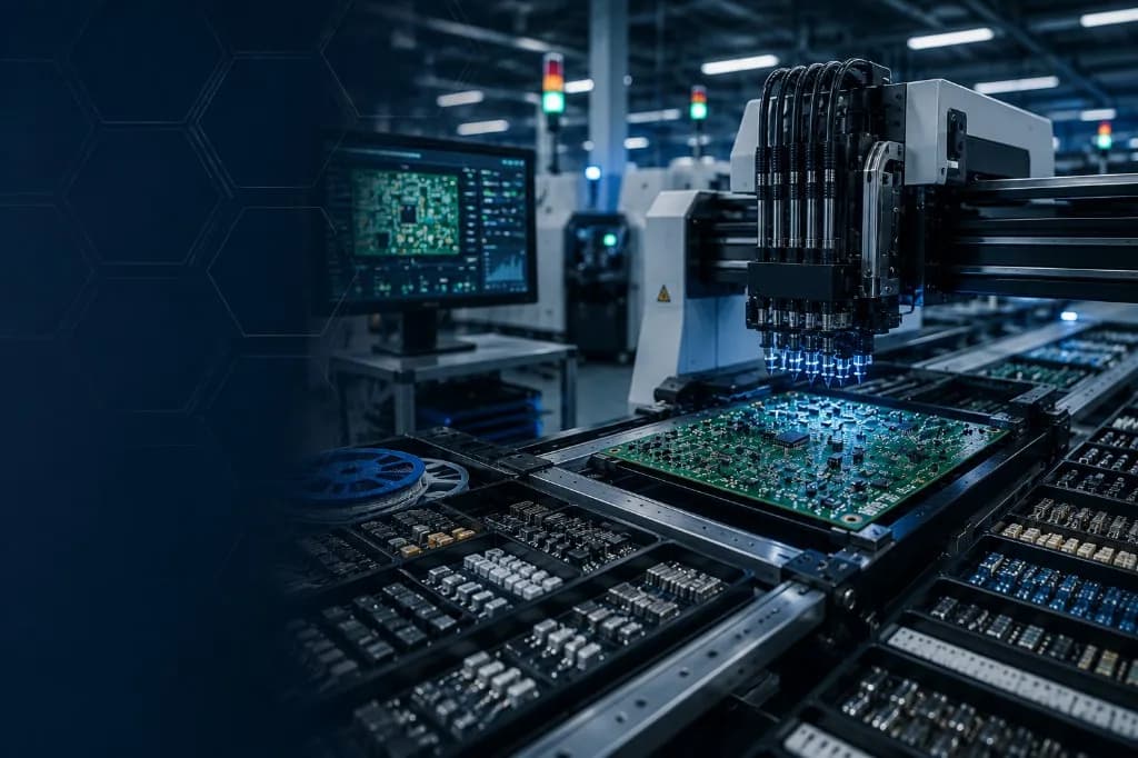 Pick-and-place machine assembling components onto a printed circuit board in electronics manufacturing
