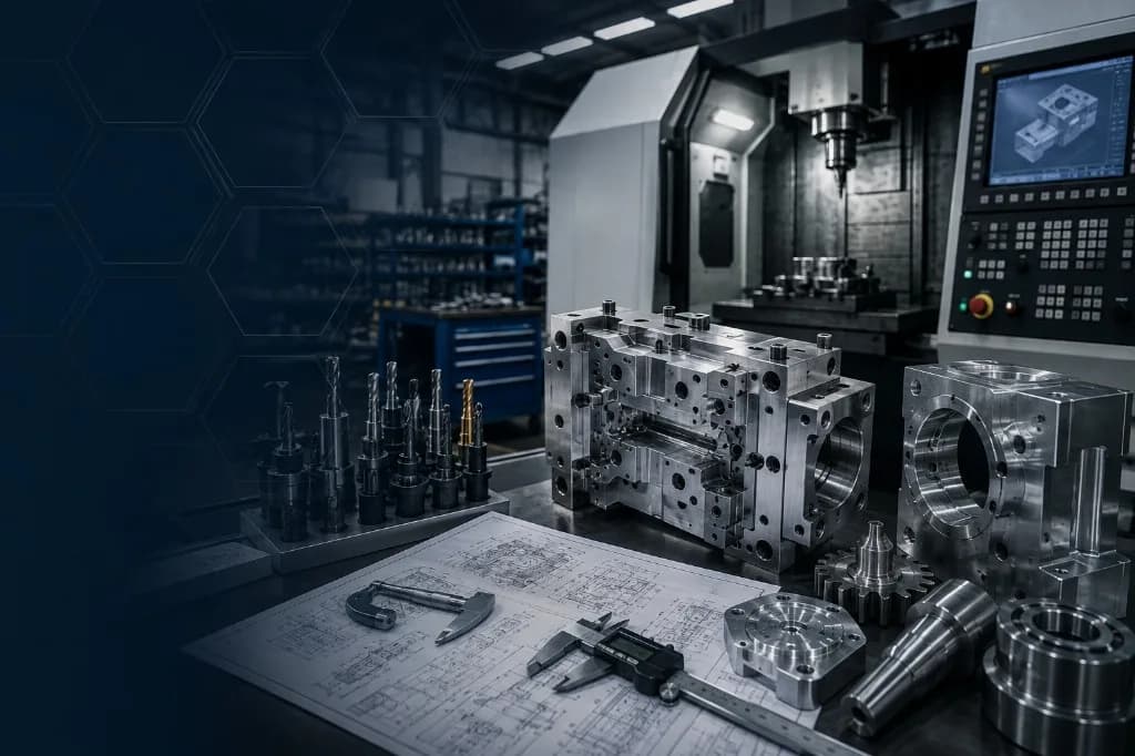 Precision machined tooling, measuring instruments and CNC machining centre in an engineering workshop