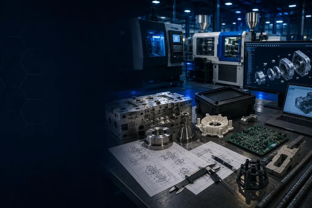 Engineering workbench with CAD models, drawings, machined parts, moulded components and PCB assembly
